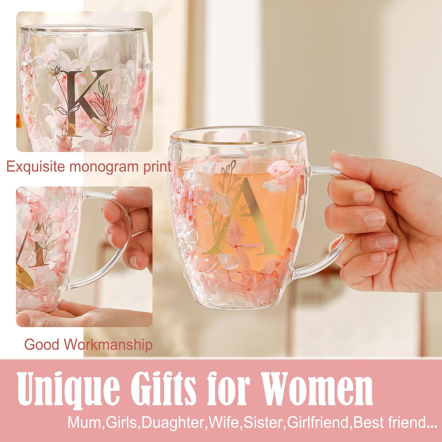 Personalized Gift for Women Cute Monogrammed Double Wall Glass Coffee Mug Tea Cup with Spoon Customized Birthday Valentine Mother's Day Christmas Gift for Mom Wife Friends Sister Coworker(Letter A) - Medaid International