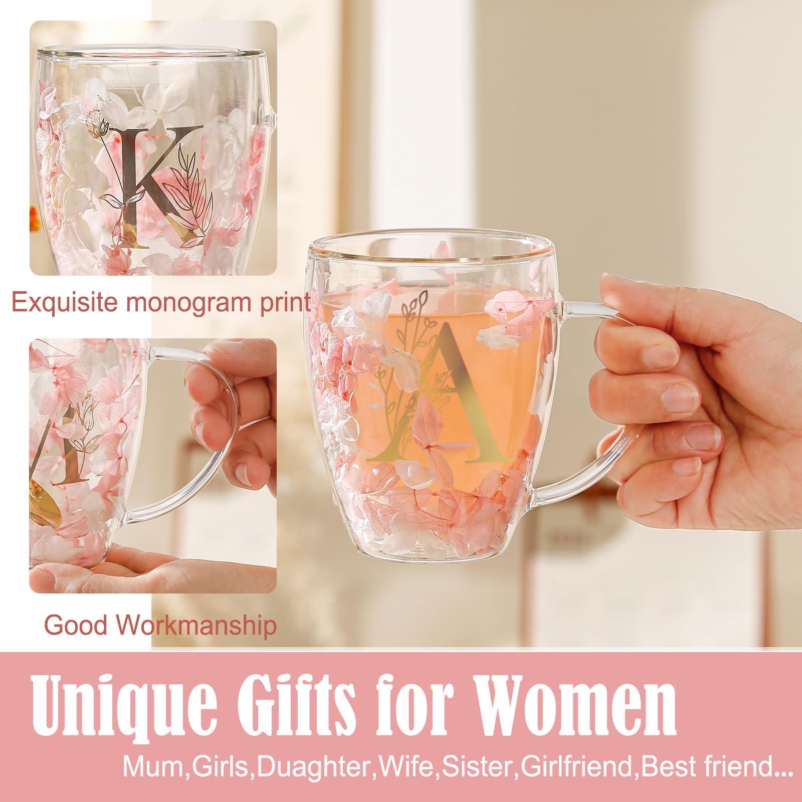 Personalized Gift for Women Cute Monogrammed Double Wall Glass Coffee Mug Tea Cup with Spoon Customized Birthday Valentine Mother's Day Christmas Gift for Mom Wife Friends Sister Coworker(Letter A) - Medaid International