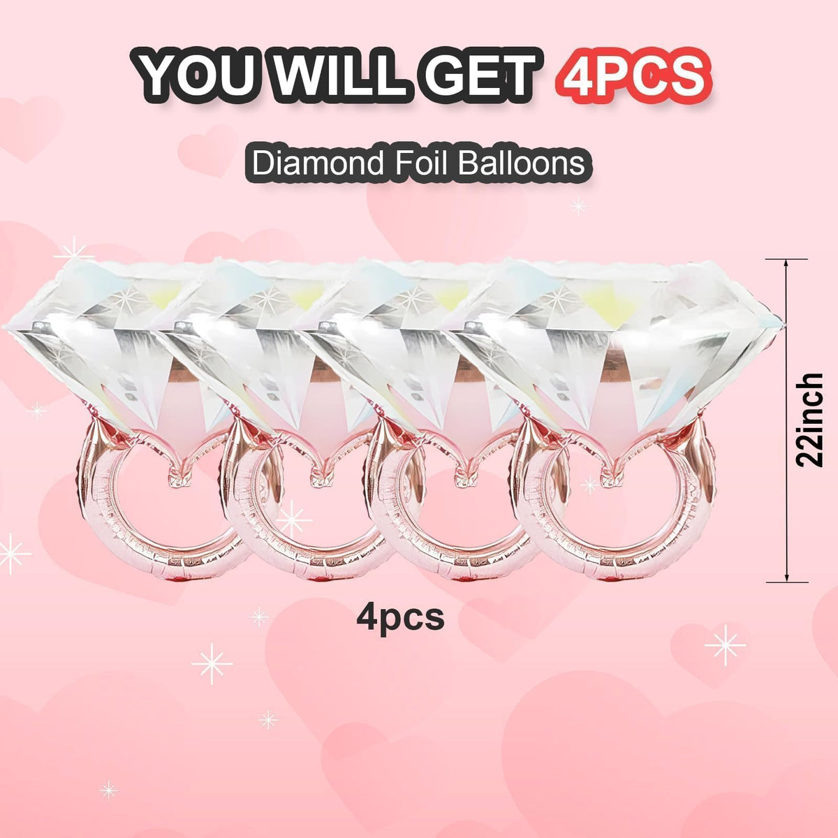 Diamond Ring Balloons, 4Pcs Large Rose Gold Foil Shining Diamond Balloon, Engagement Ring Balloons for Wedding Bridal Shower Marriage, Romantic Sparkly Ring Balloon for Party Decor