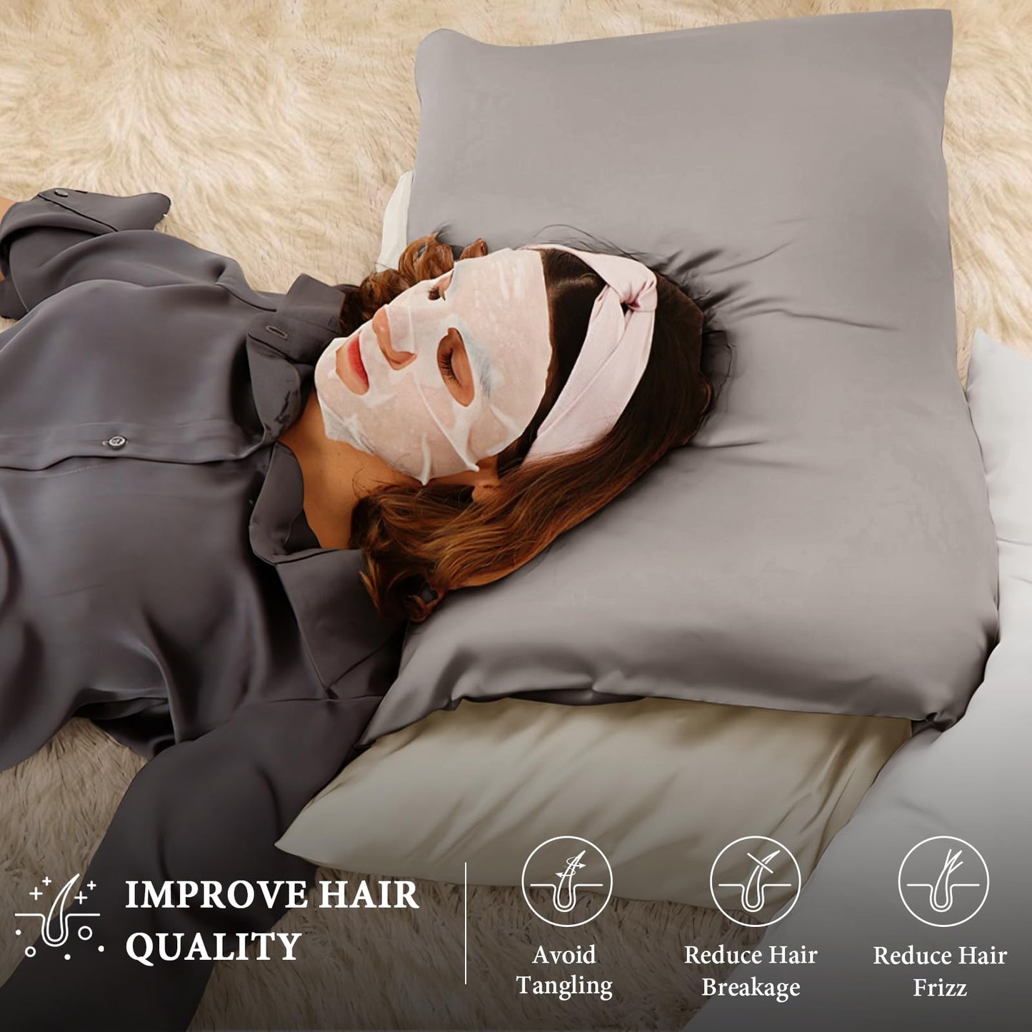 BHZ Satin Goose Down Feather Pillows King Size Set of 2 with Satin Pillowcase for Hair and Skin, Cooling Pillow Cases Similar to Silk Pillow Cases, Christmas Decorative Gifts for Women, Mom Men, Grey - Medaid International