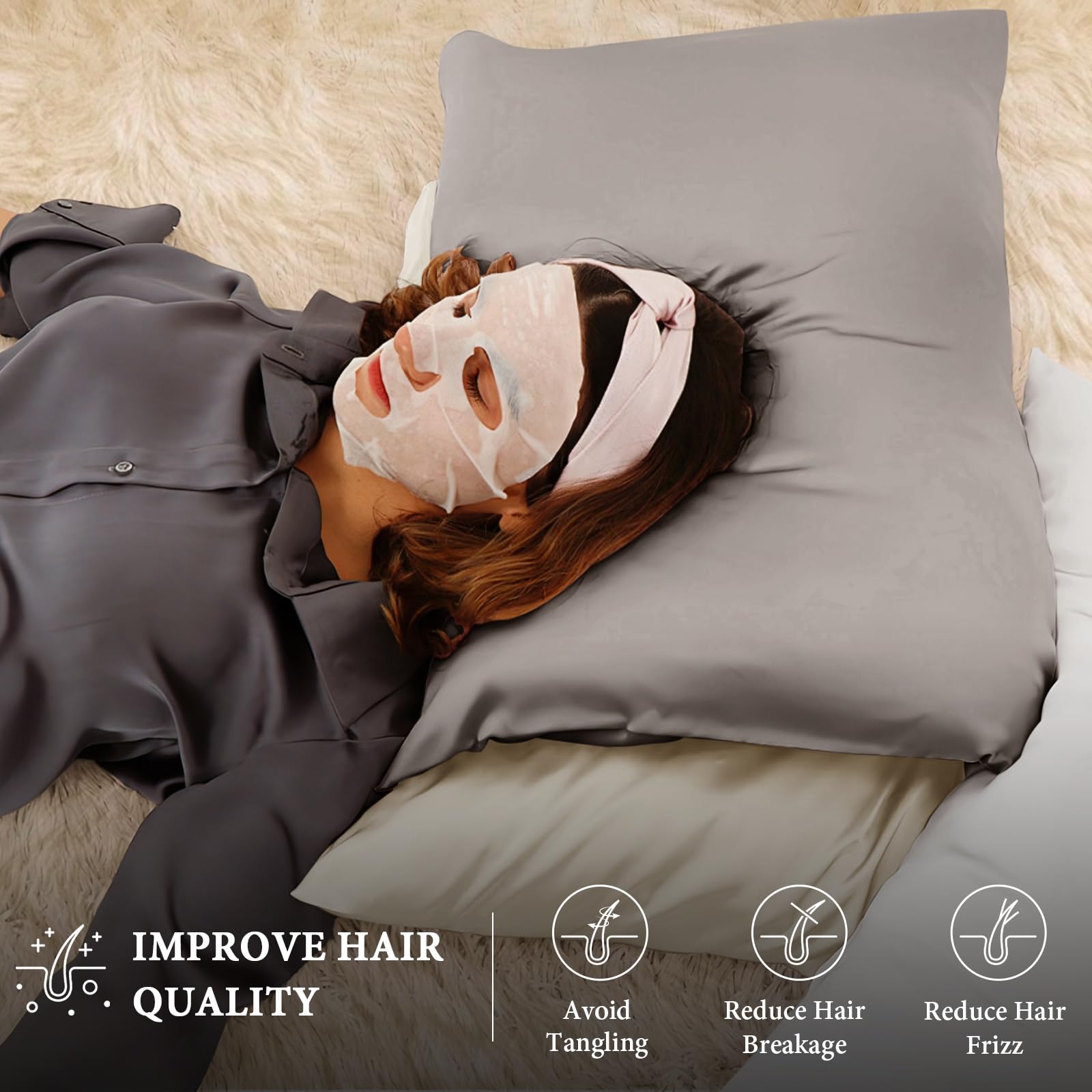 BHZ Satin Goose Down Feather Pillows King Size Set of 2 with Satin Pillowcase for Hair and Skin, Cooling Pillow Cases Similar to Silk Pillow Cases, Christmas Decorative Gifts for Women, Mom Men, Grey - Medaid International