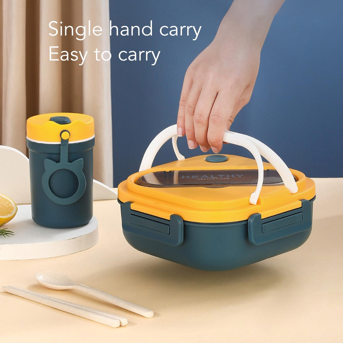 TERRIFI Bento Lunch Box, Portable Bento Box with Soup Cup Chopsticks Spoon, Reusable Lunch Containers, Microwaveable, Suitable for Office Outdoor Picnic (Blue)