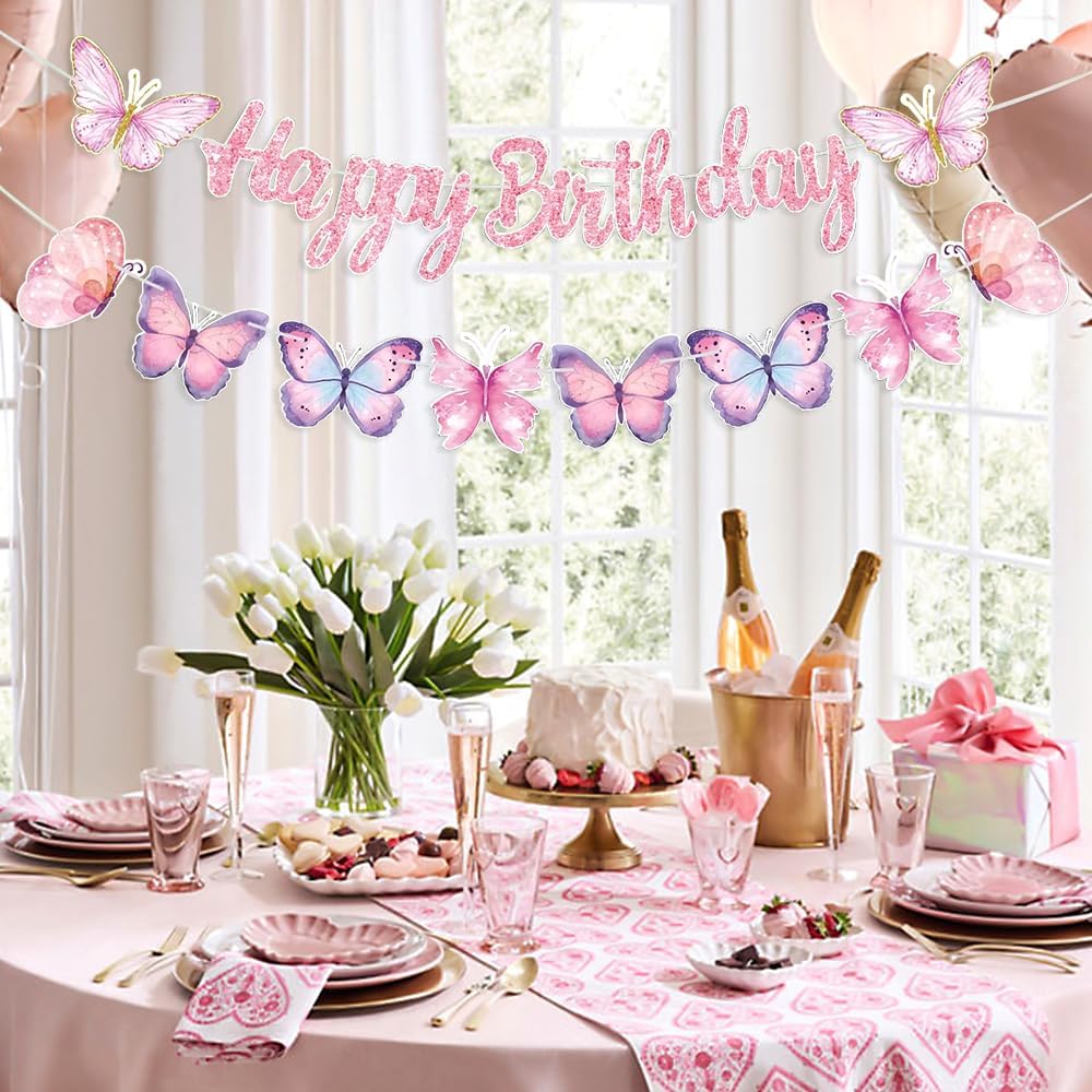 KASTWAVE Pink Butterfly Birthday Banner, 2 Pcs Birthday Party Decorations Set with Pre Strung Glitter Happy Birthday Banner, Butterfly String, Fade Resistant Butterflies Theme Party Supplies