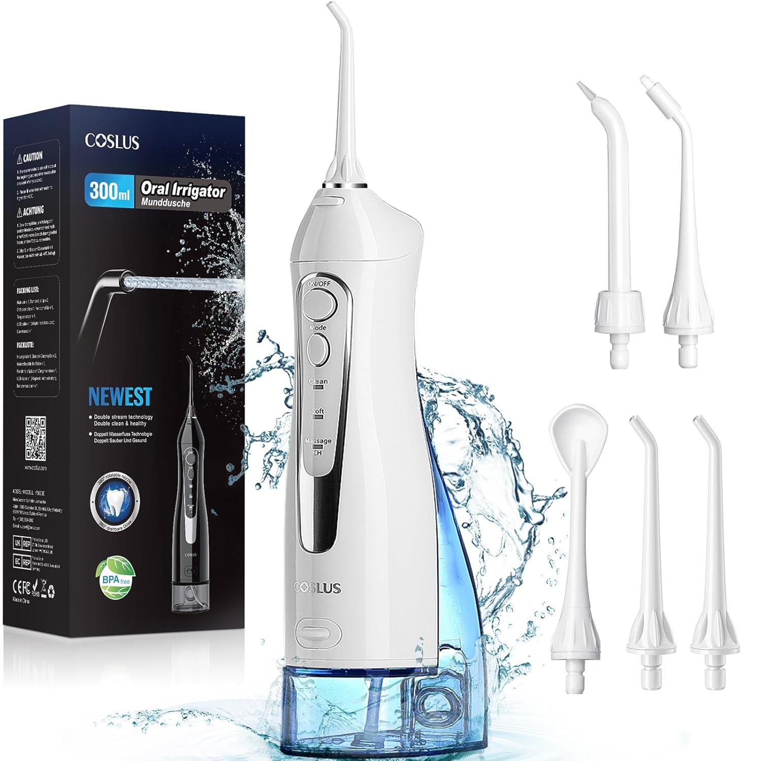 COSLUS Water Dental Flosser Teeth Pick: Portable Cordless Oral Irrigator 300ML Rechargeable Travel Irrigation Cleaner IPX7 Waterproof Electric Waterflosser Flossing Machine for Teeth Cleaning F5020E - Medaid International