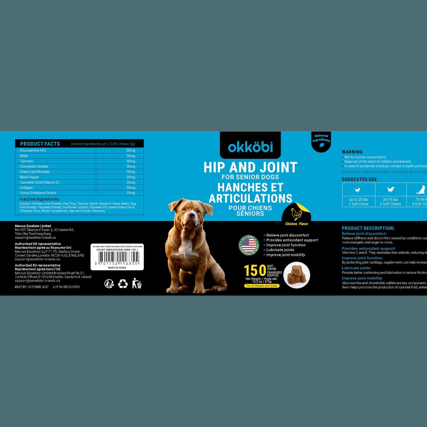 OKKÖBI Glucosamine HCL & Hip and Joint Chews for Dogs - 150 pcs - Advanced Hip and Joint Support for Senior Dogs - with MSM & Green Lipped Mussel - Chicken