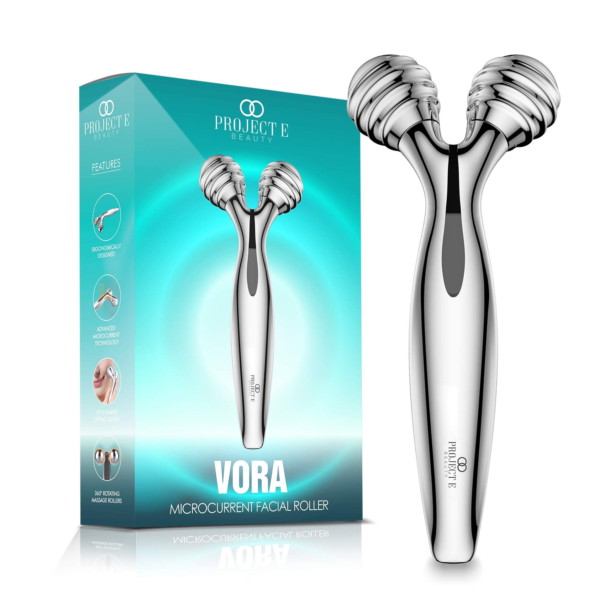 VORA Microcurrent Facial Roller by Project E Beauty | 3D Face & Body Massager | Instant Face Lift & V-Shape | Collagen Boost | Tightens Skin | Anti-Aging | Roller Tightens Skin | Solar Powered - Medaid International