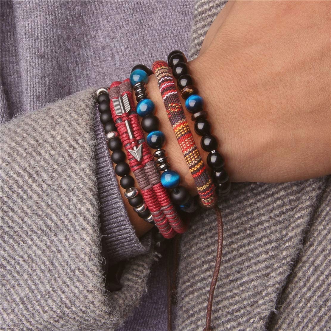 TERRIFI Braided Leather Bracelets for Men Women Wrap Tiger Eye Lava Rock Beads Bracelet Woven Ethnic Tribal Rope Wristbands Bracelets Set Adjustable