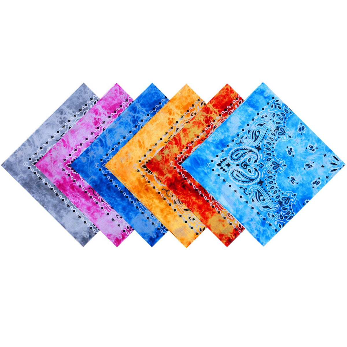 TERRIFI 6 Pack Tie Dye Bandana Cotton Paisley Bandanas Headbands Cowboy Handkerchiefs for Men and Women, 22 x 22 inches