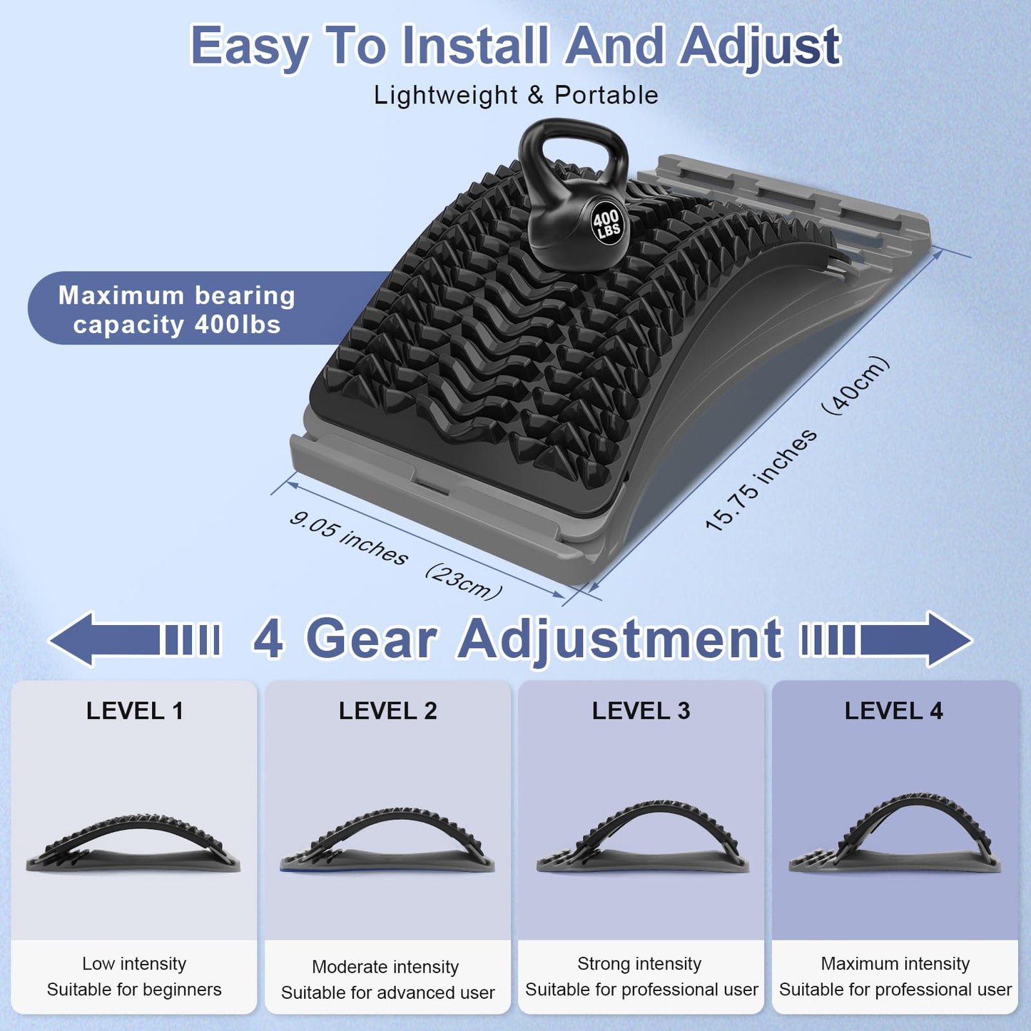 MINOLL Back Stretcher for Lower Back Pain Relief, 4 Level Adjustable Arch Lumbar Back Cracker Board, Back Cracking Device, Back Massager for Scoliosis, Spine Decompression Support - Grey - Medaid International
