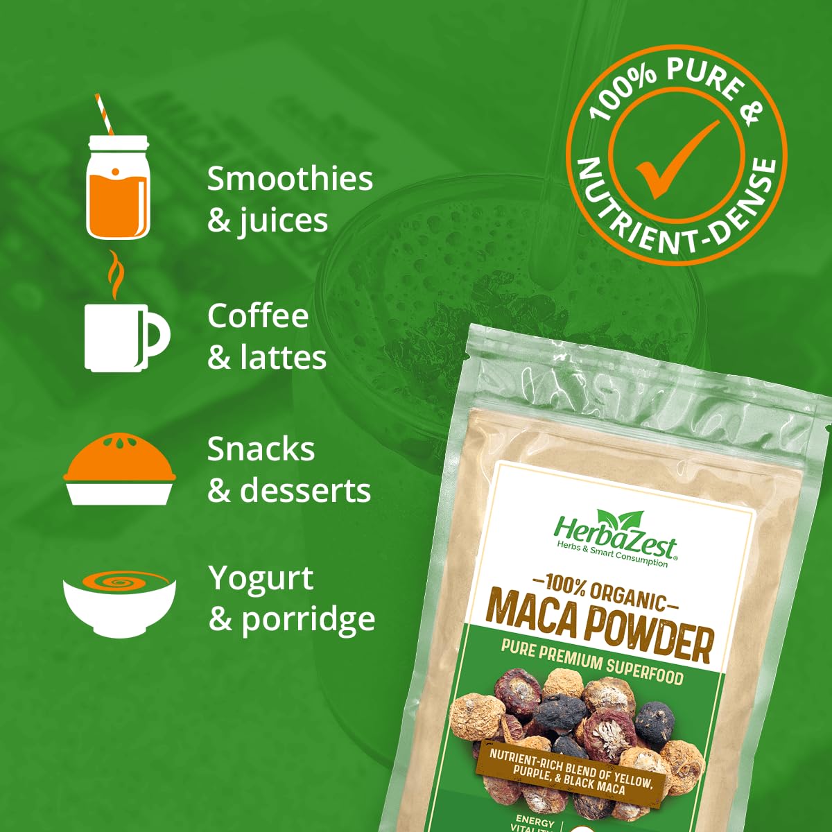 HerbaZest Maca Powder Organic – 1 LB – USDA Certified, Vegan & Gluten Free Superfood – Perfect for Smoothies, Juices, Baking, Yogurt & Cereal - Medaid International