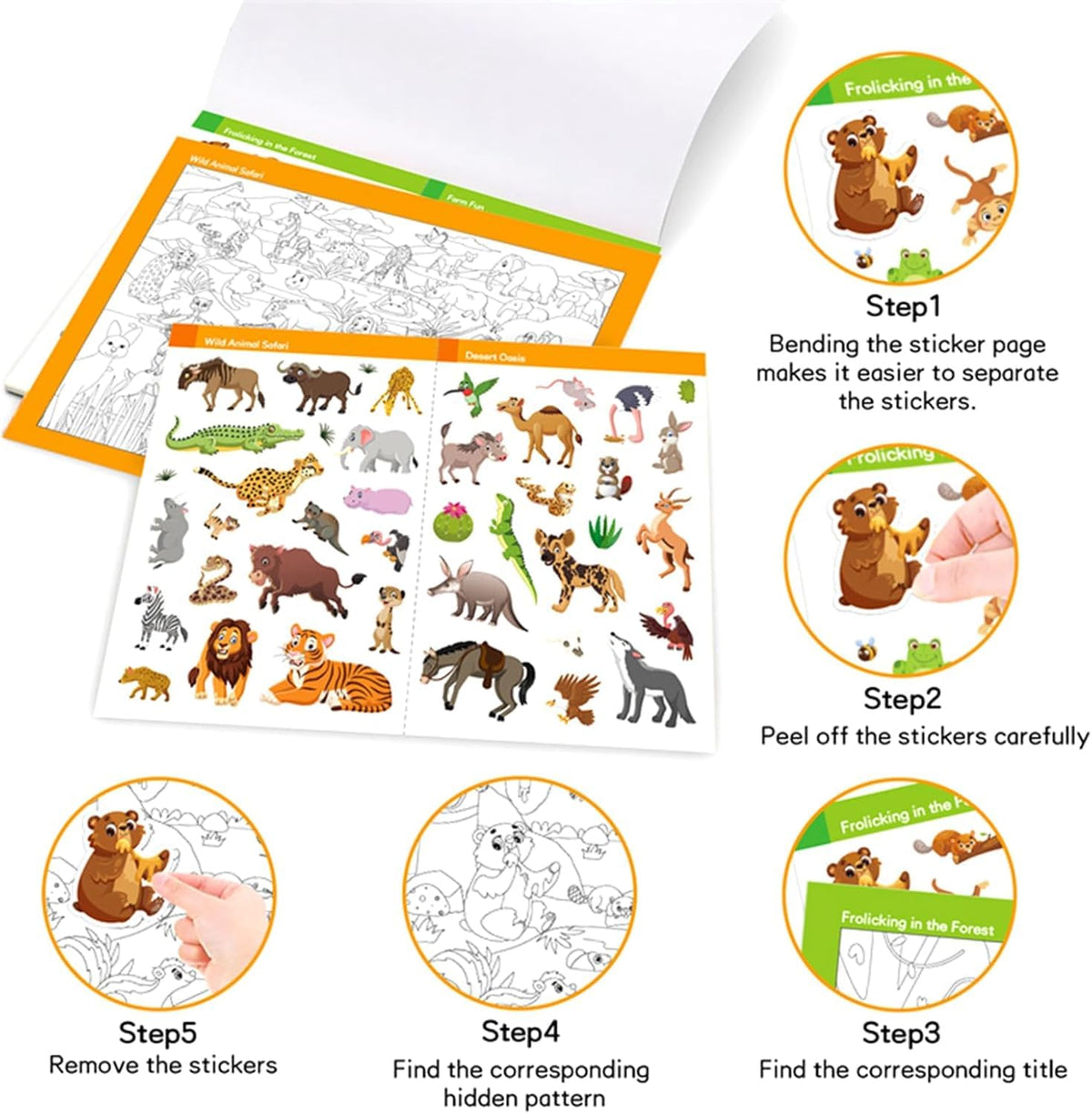 KASTWAVE Animal Sticker Book for Kids 3-6 | Find The Animal Sticker, 10 Themes with 200+ Stickers, Search & Find DIY Educational Toy for Toddlers