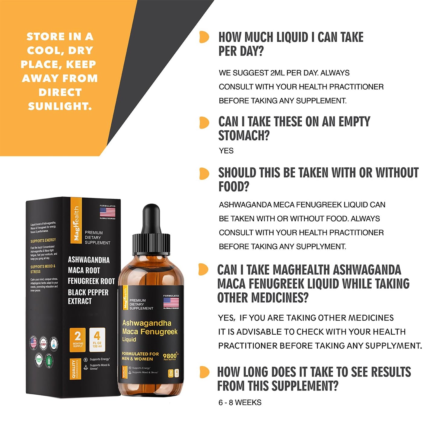 Maca Root Liquid Drops with Ashwagandha and Fenugreek - 60 Day Servings - Focus, Energy and Performance - Liquid Multivitamin for Women and Men - Adapto Drive, Vegan Drops - Medaid International