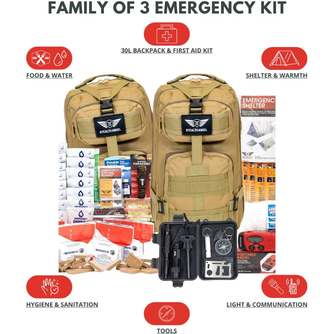 Stealth Angel 3 Person Tan 72 Hour Emergency Kit - Survival Bag for Earthquakes, Hurricanes, and Other Natural Disasters