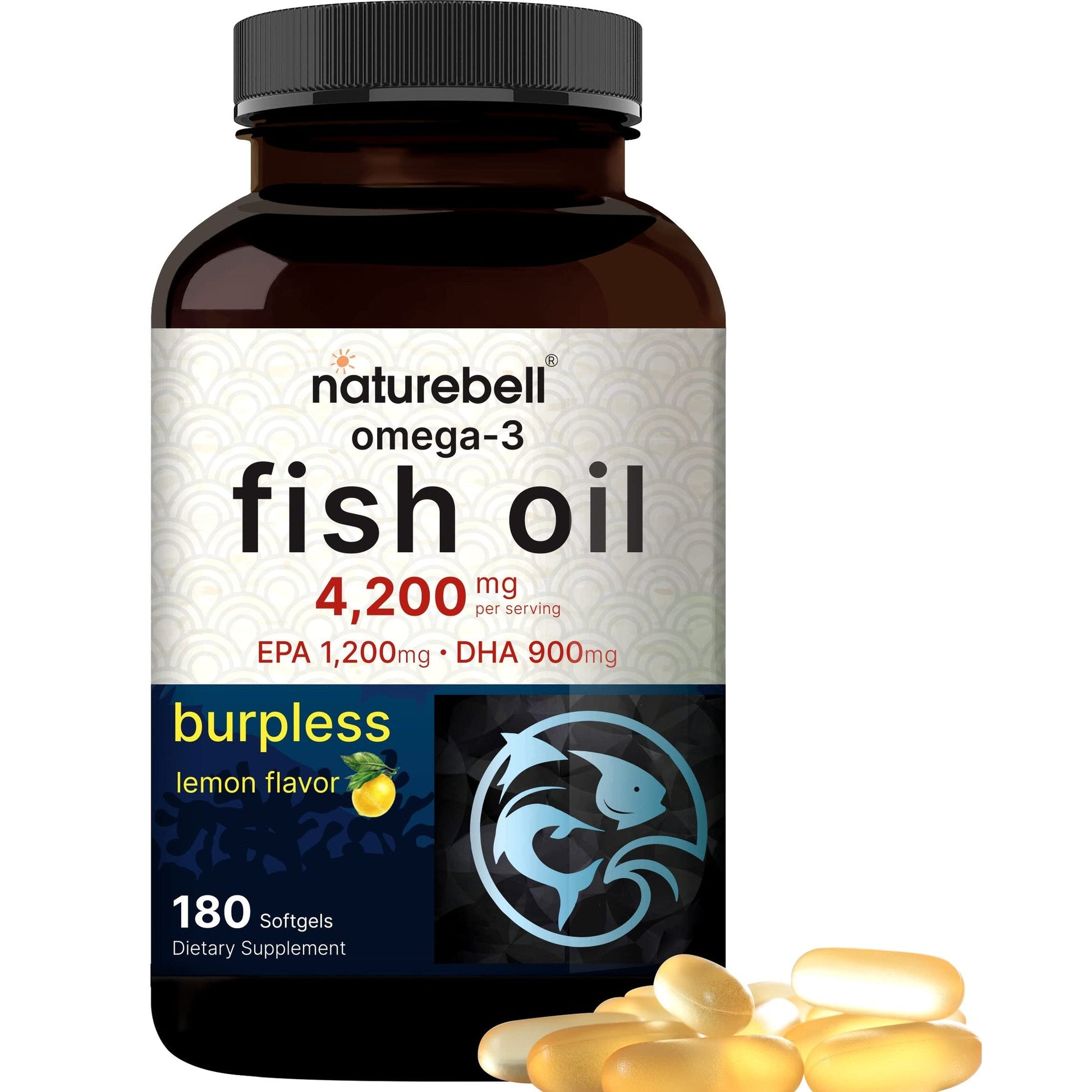Omega 3 Fish Oil 4,200mg, 180 Burpless Softgels, Highly Purified EPA 1,200mg & DHA 900mg | Lemon Flavored | Premium Wild Caught Fish from Deep Sea – Heart & Brain Support – Mercury Free & Non-GMO - Medaid International