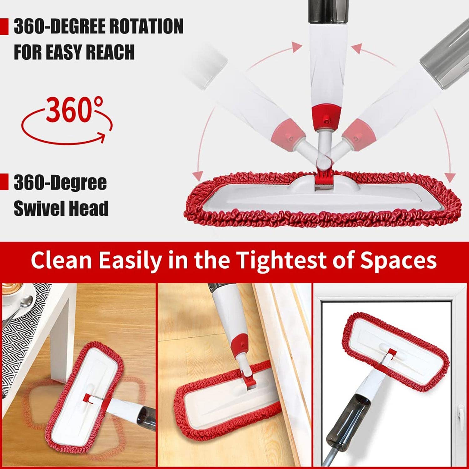 Spray Mops for Floor Cleaning, Microfiber Spray Cleaning Mop Kit with 3 Reusable Washable Pads 700ML Refillable Bottle and Scrubber Flat Mop with 360 Degree Swivel Head for Hardwood Laminate - Medaid International