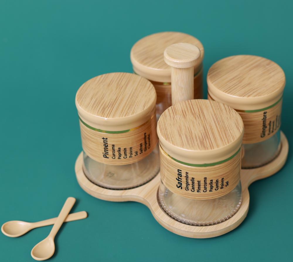 Bamboo Spice Rack Set with 4 Glass Jars Plastic Lid – 400 #CB-TWJ35