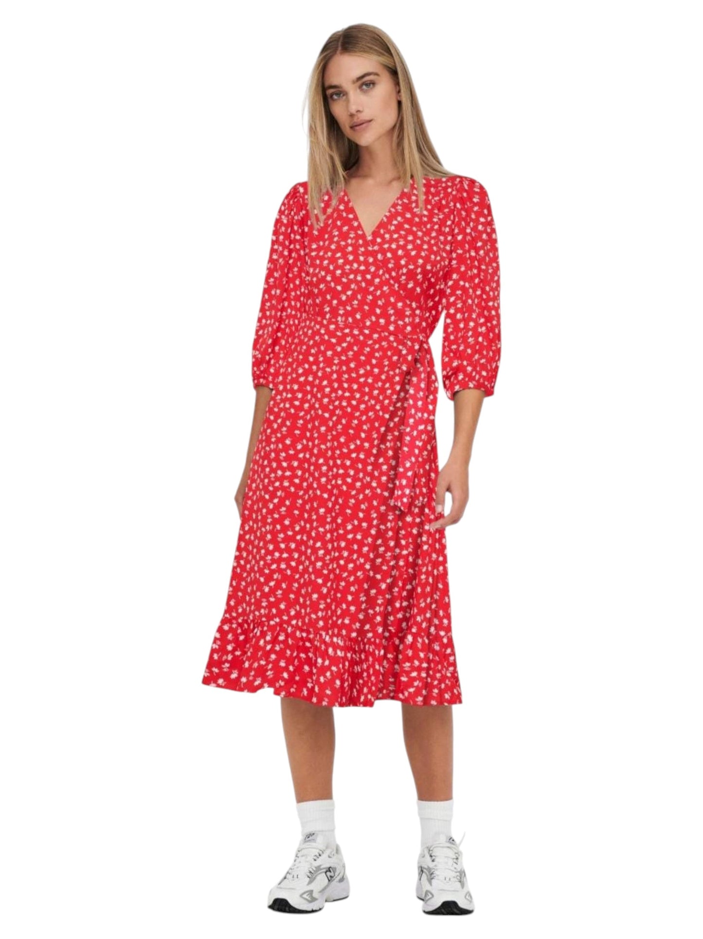 Women's Floral Printed Belt Side Tie Dress,Red