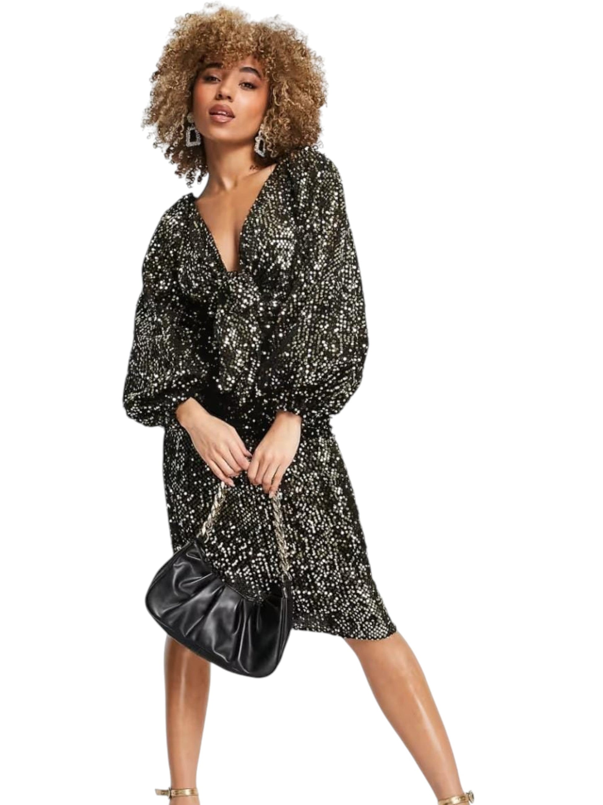 Women's Sequins Open Back Dress,Black/Gold