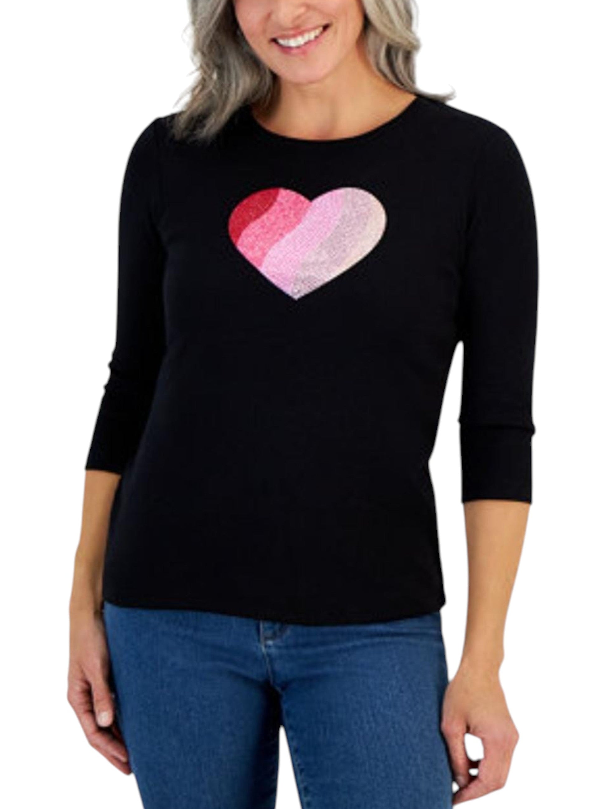Women's Heart Rhinestones Printed Top,Black