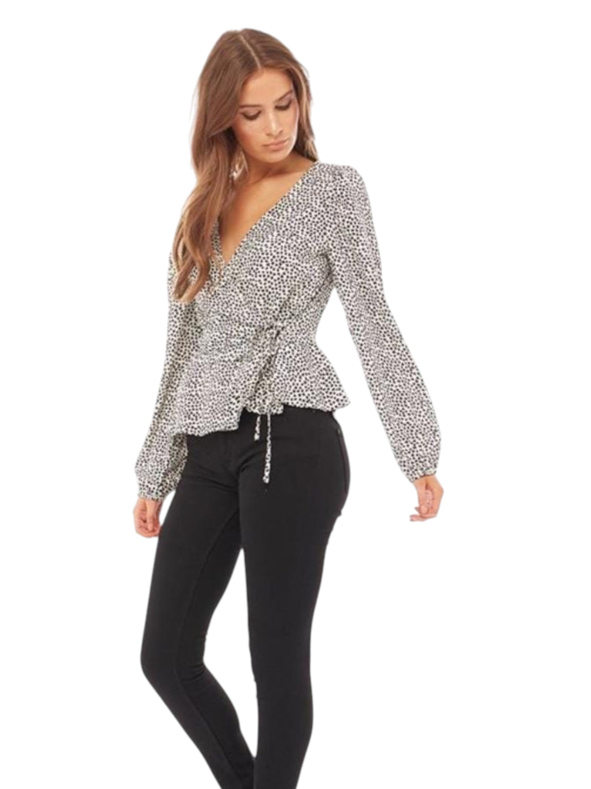 Women's Hearts Printed Ruffled Wrap Top,White