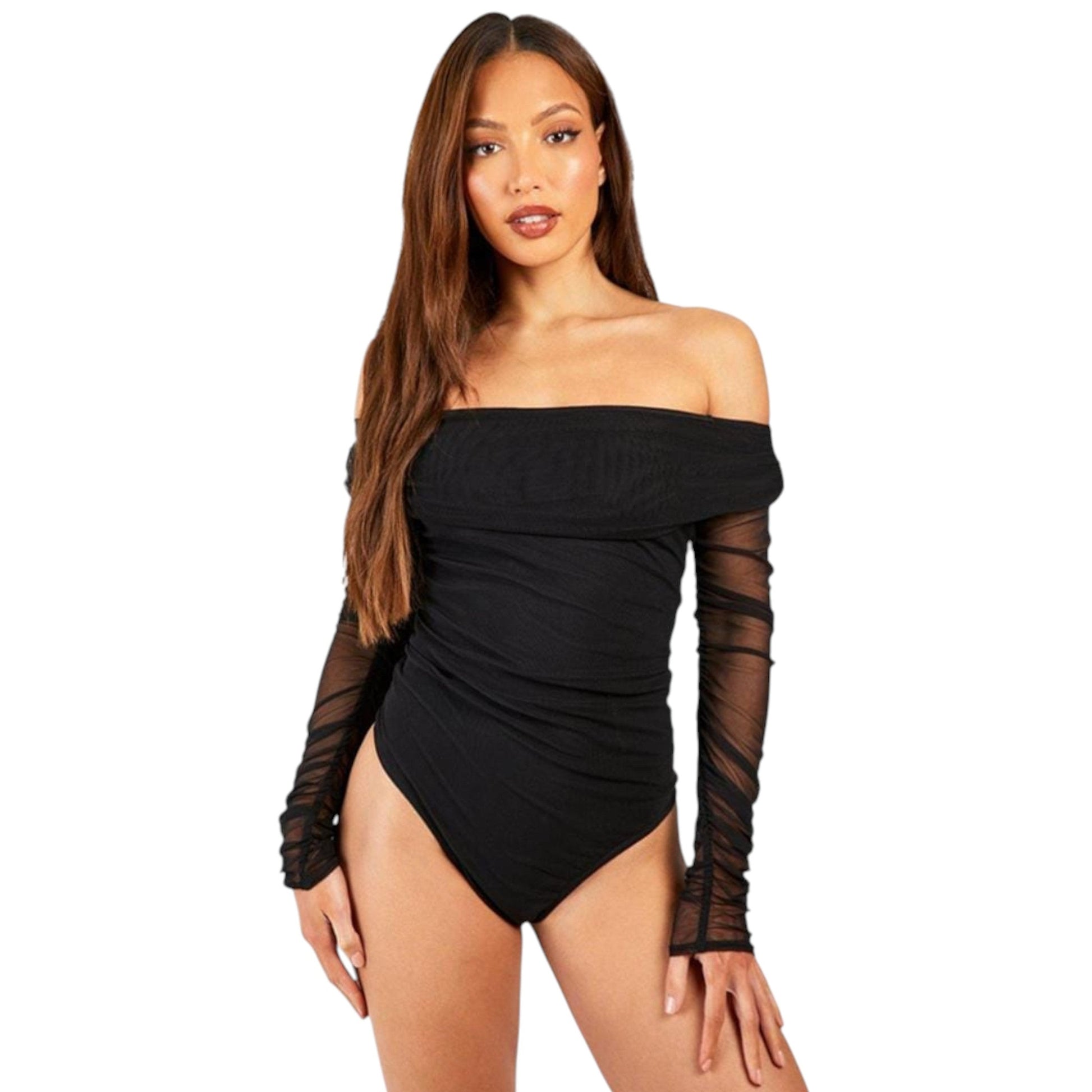 Women's Ruffled Cold Shouders Bodysuit,Black