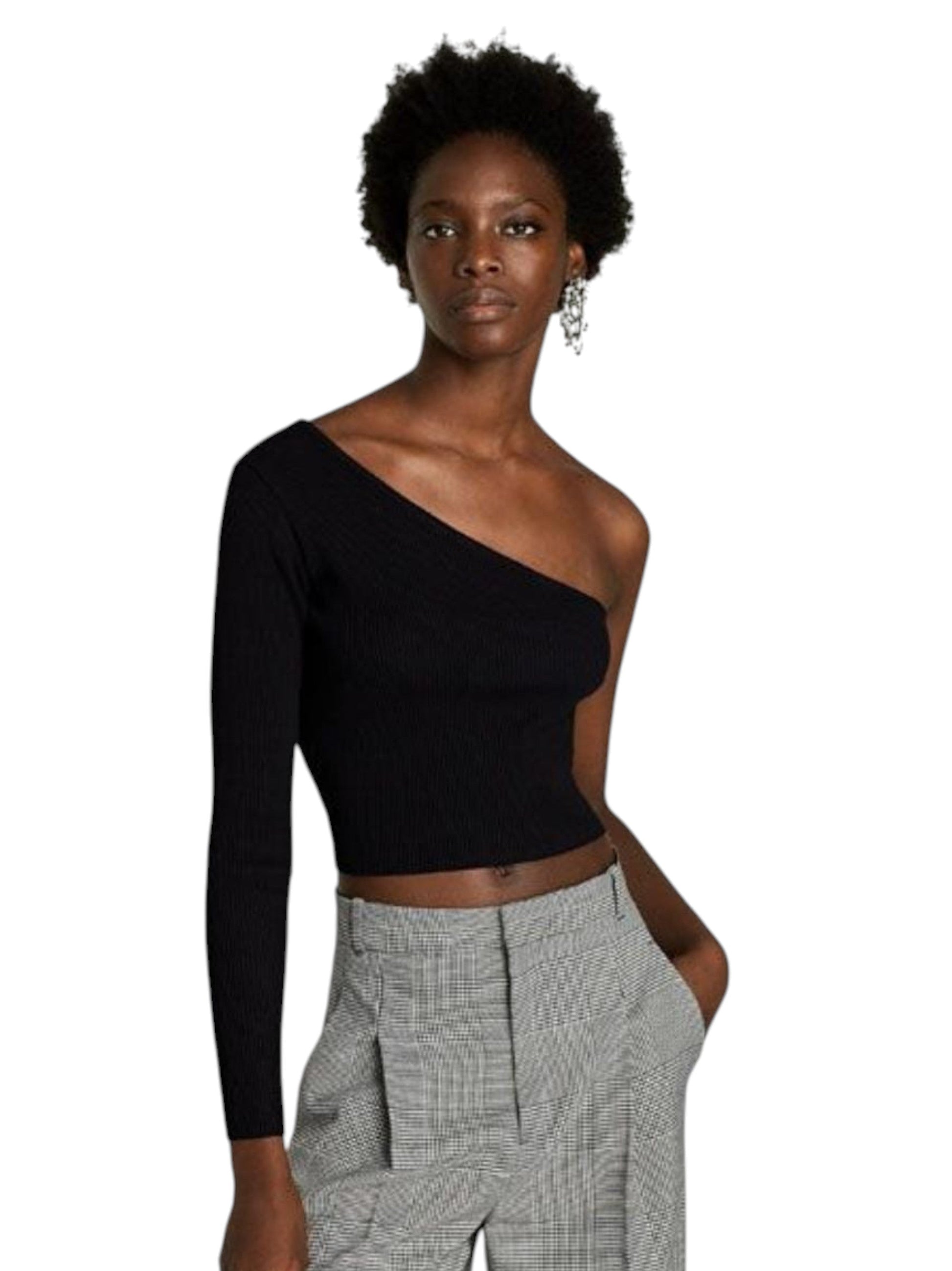 Women's Ribbed Knitted One Of Shoulders Top,Black