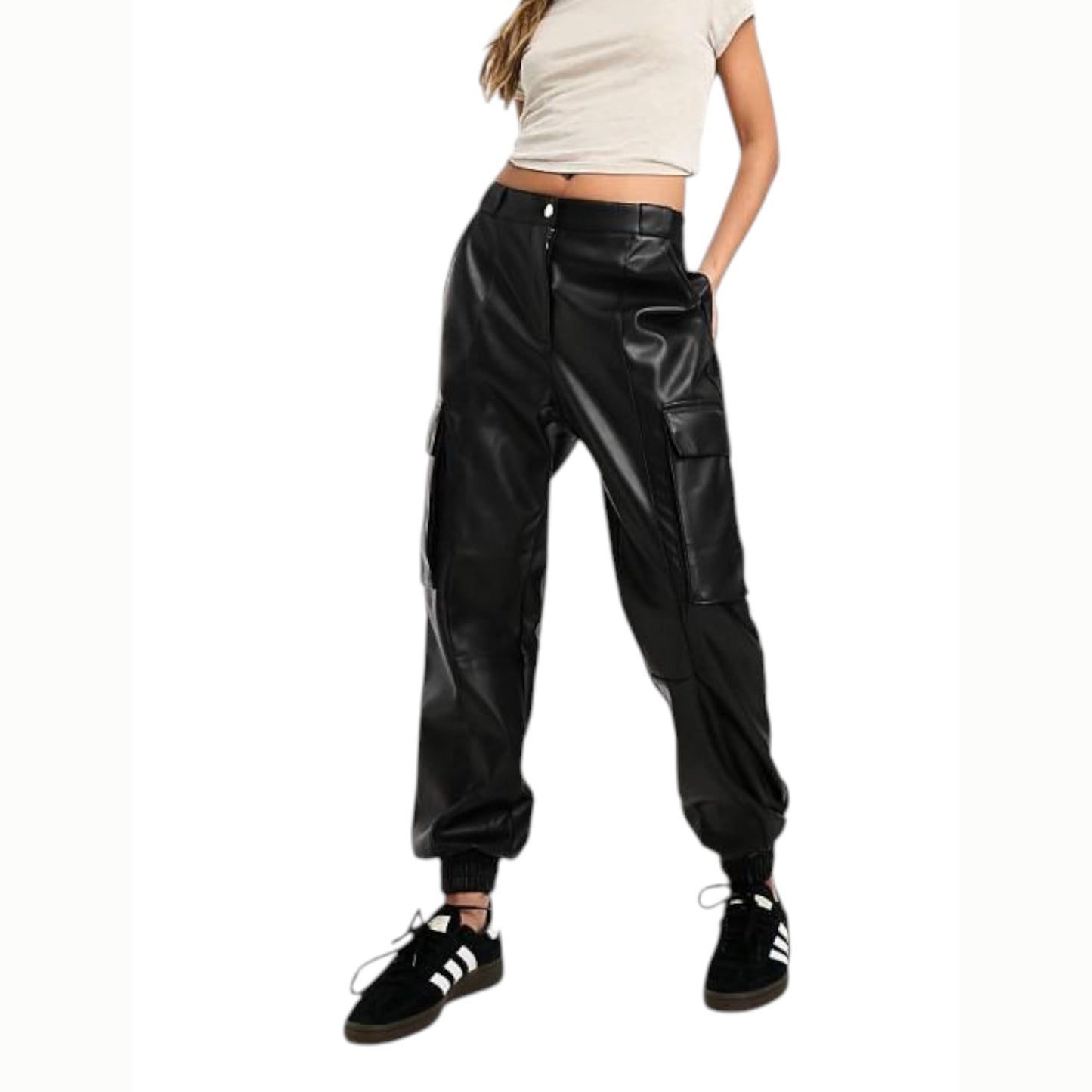 Women's Plain Leather Pant,Black
