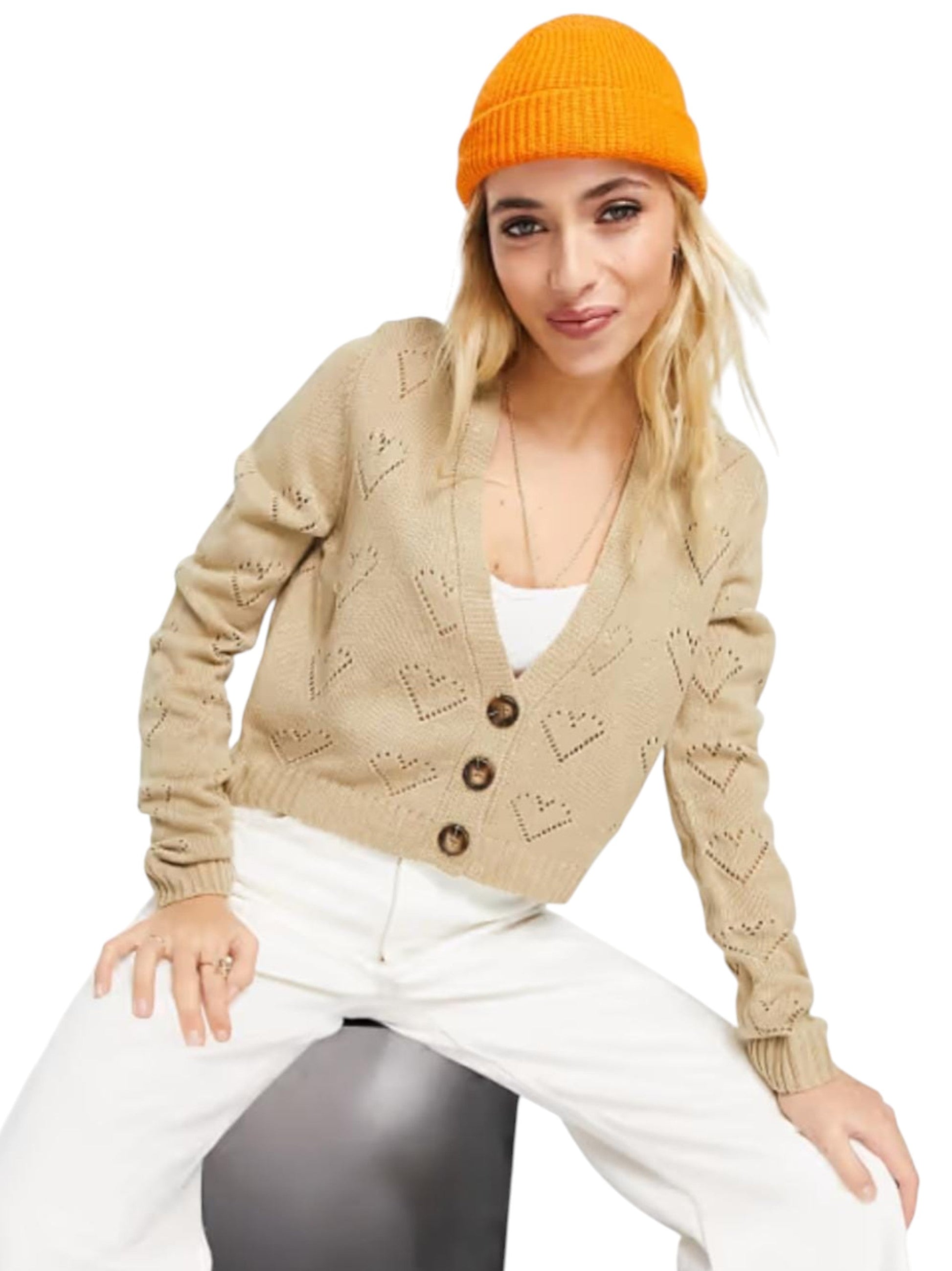 Women's Heart Knitted Cardigan,Beige