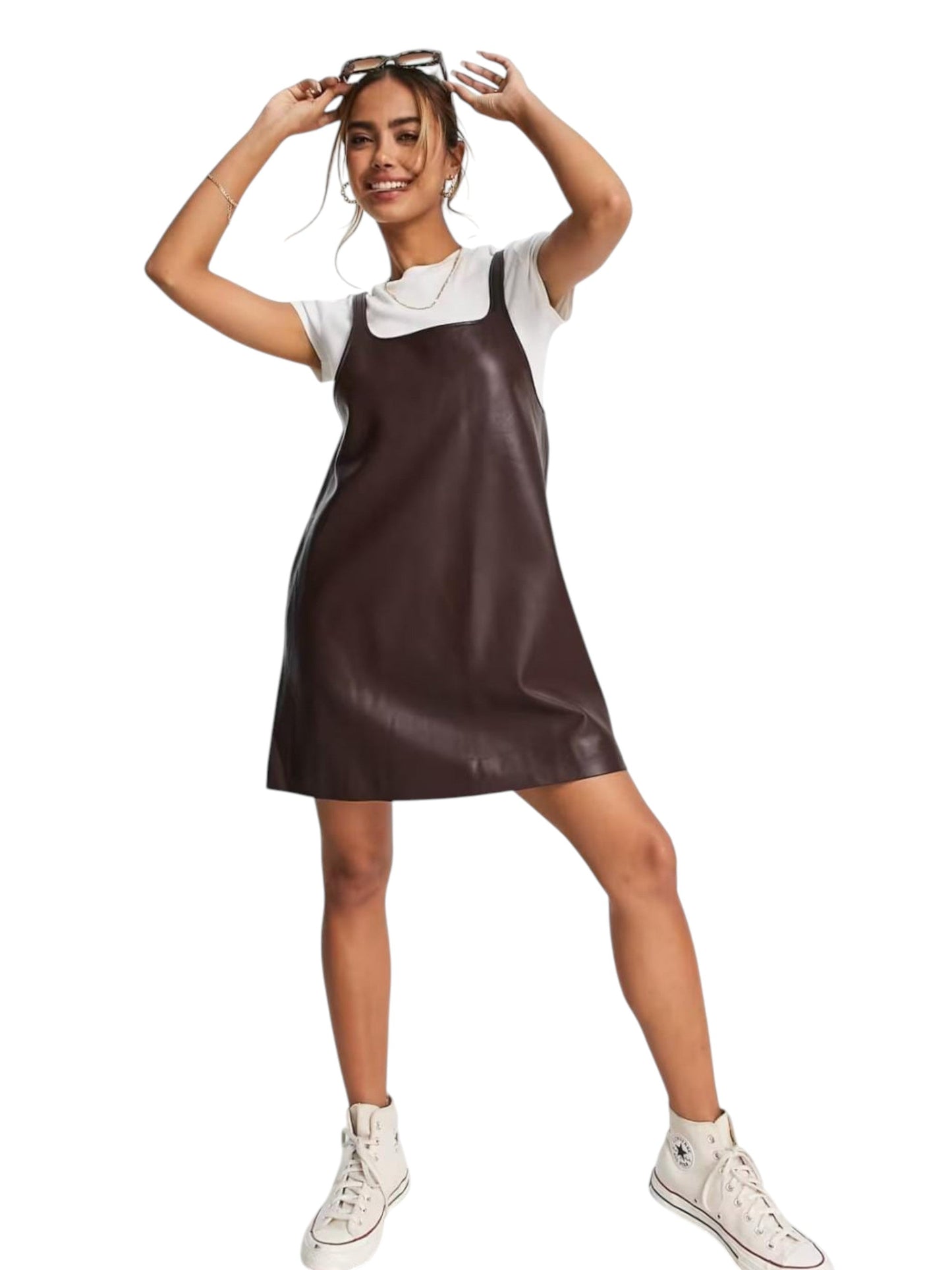 Women's Plain Solid Leather Open Back Dress,Brown