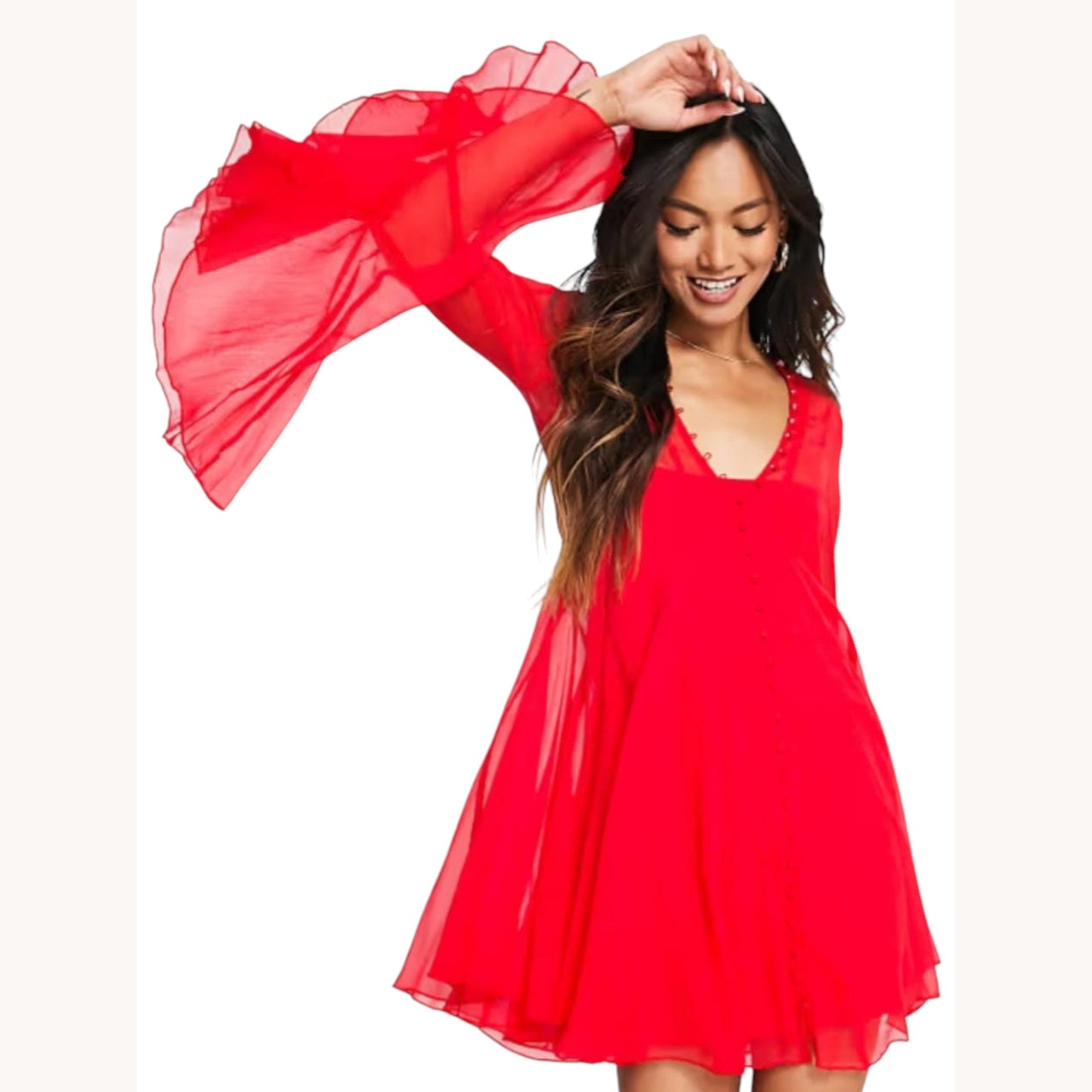 Women's Ruffled Sheer Dress,Red