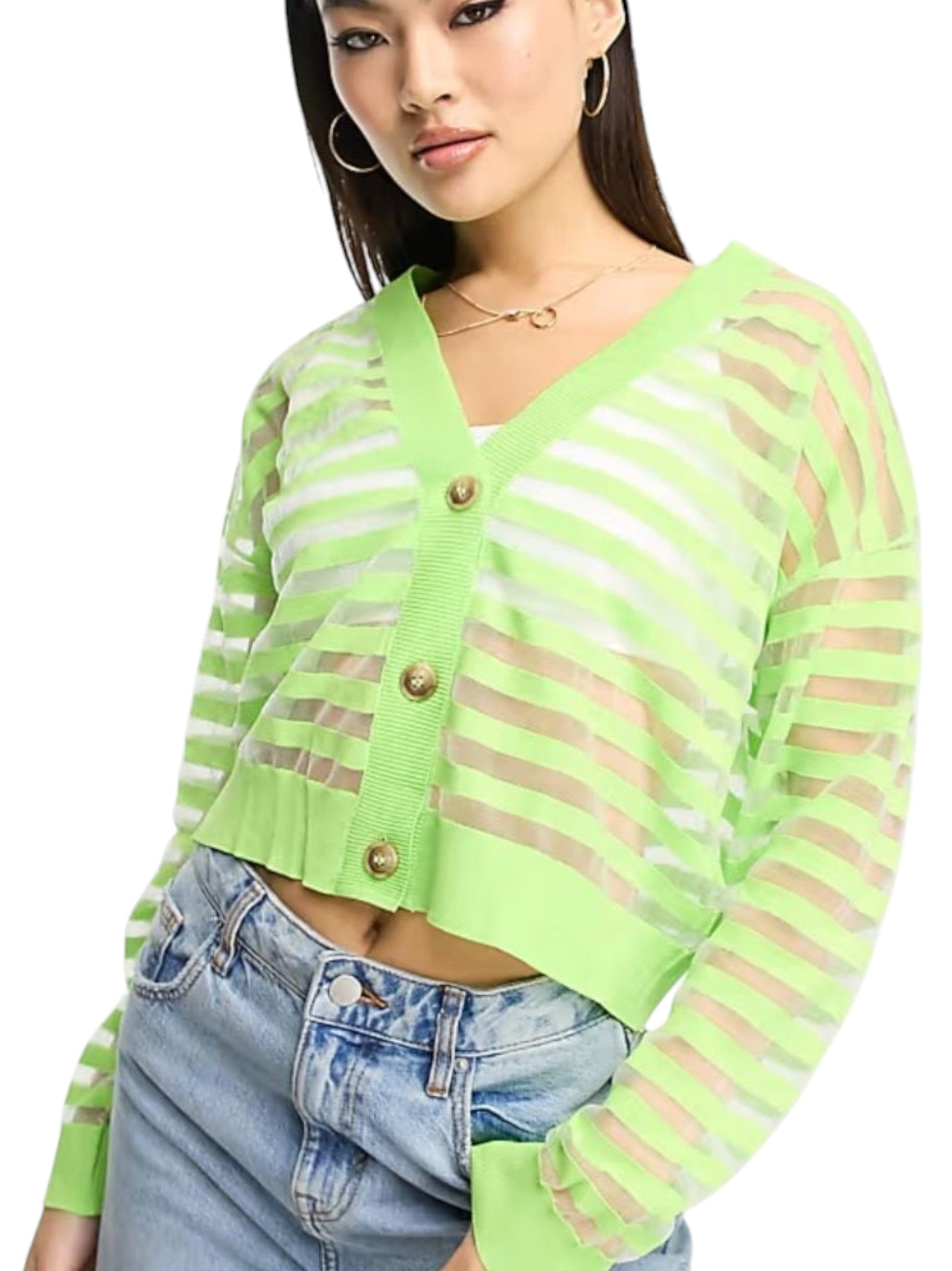 Women's Striped Sheer Top Cardigan,Lime Green