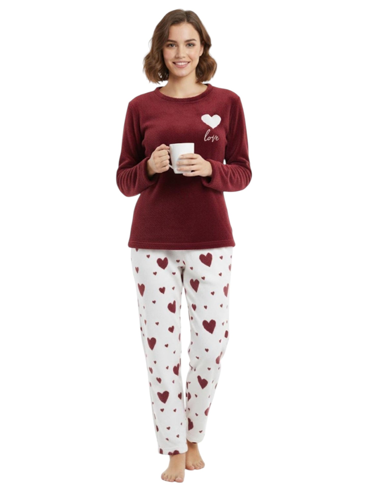 Women's Faux Fur Pajama Set,Burgundy
