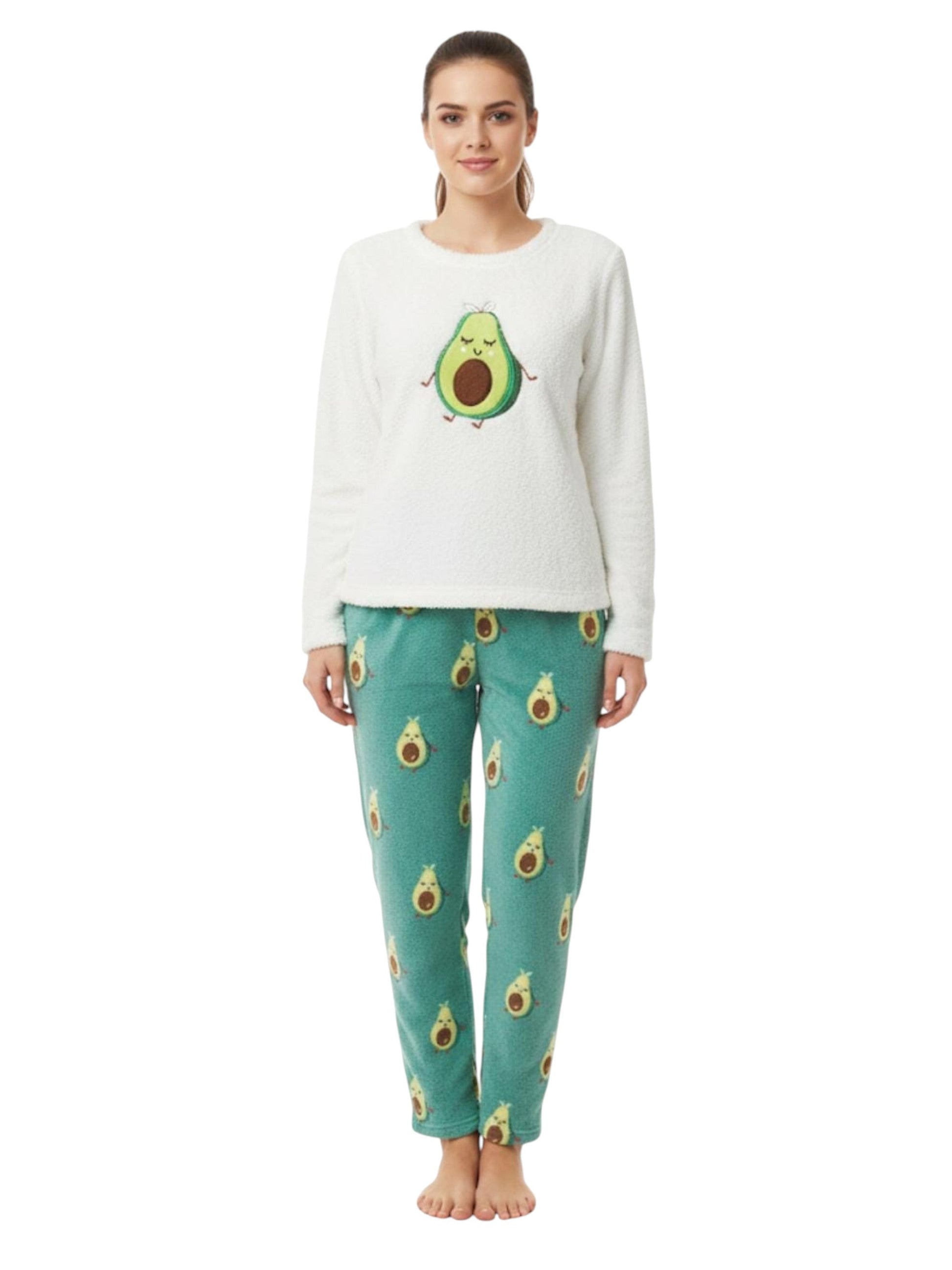 Women's Faux Fur Pajama Set,Green/White