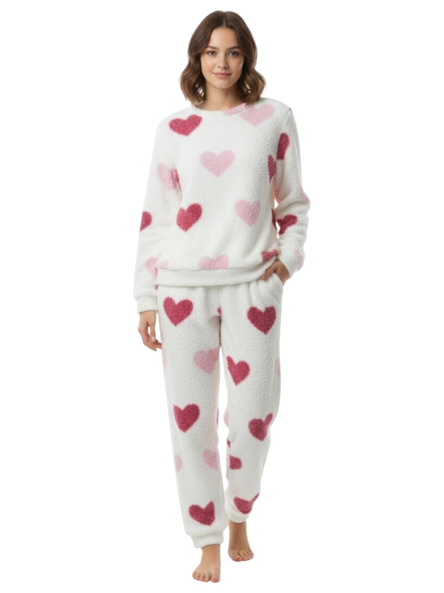 Women's Faux Fur Pajama Set,White