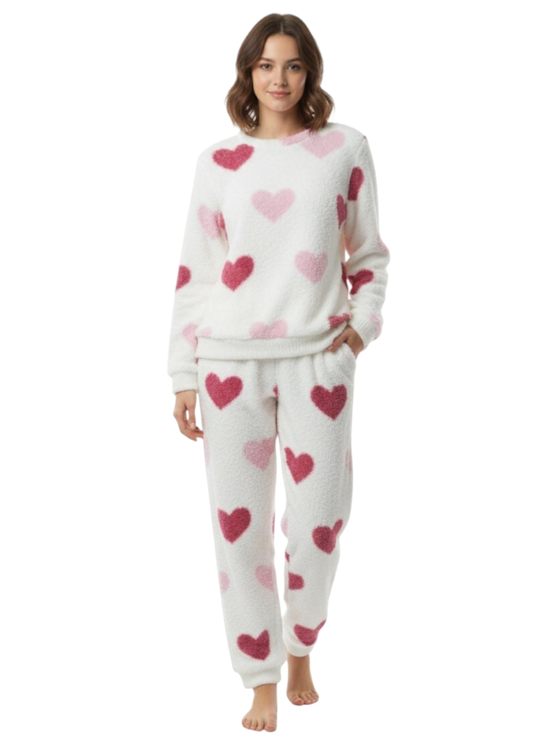 Women's Faux Fur Pajama Set,White