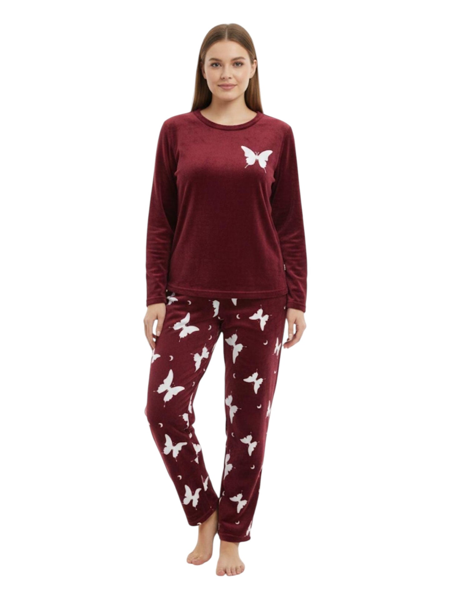 Women's Faux Fur Pajama Set,Burgundy