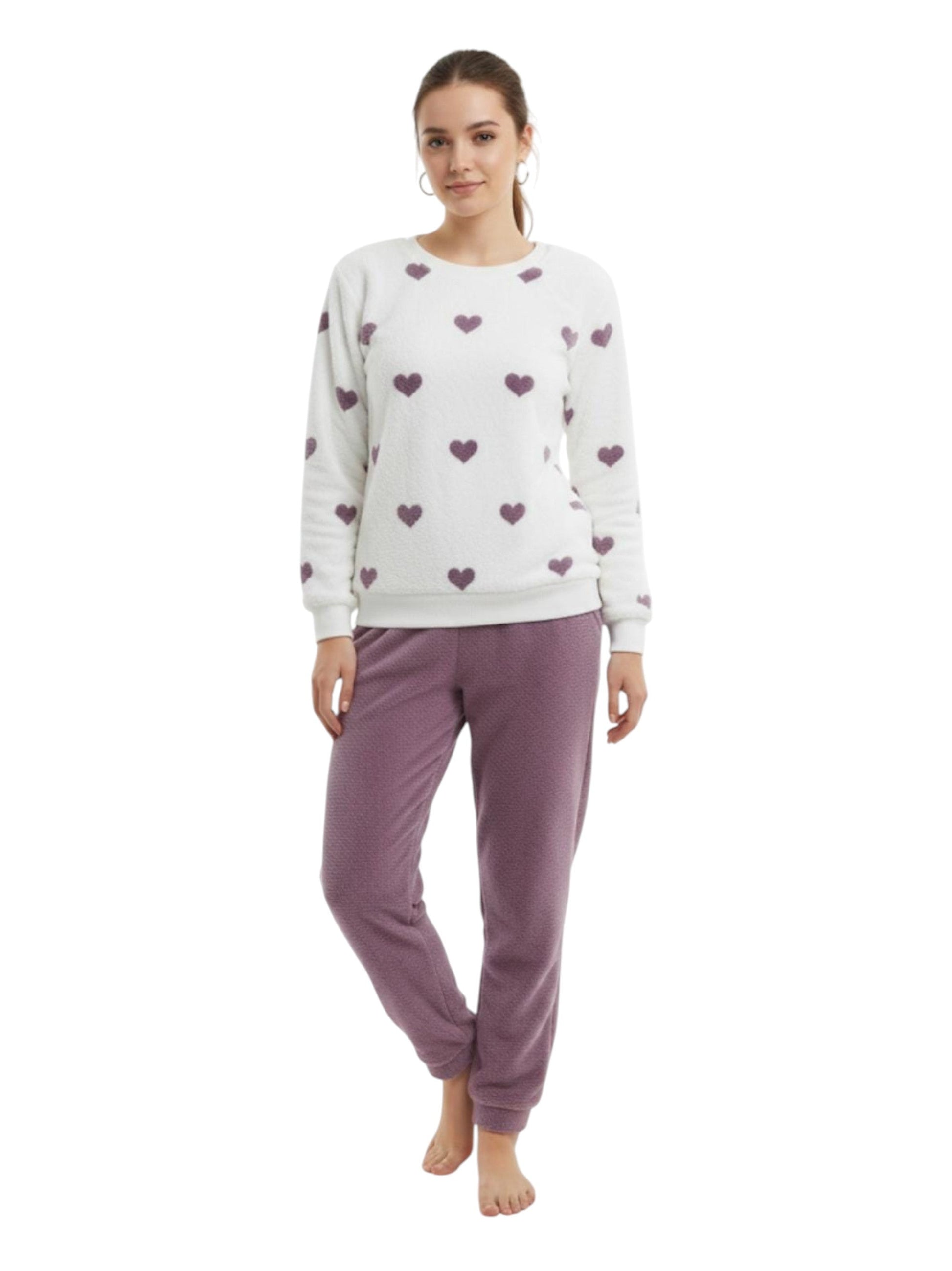 Women's Faux Fur Pajama Set,Dark Purple/White