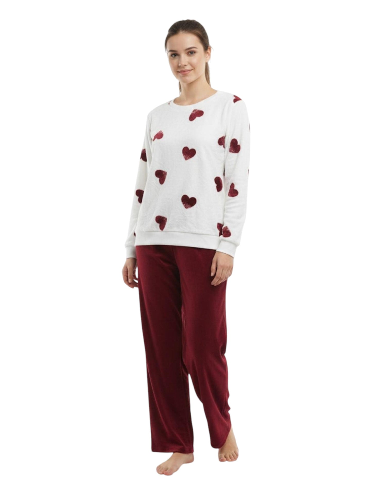 Women's Faux Fur Pajama Set,Burgundy/White
