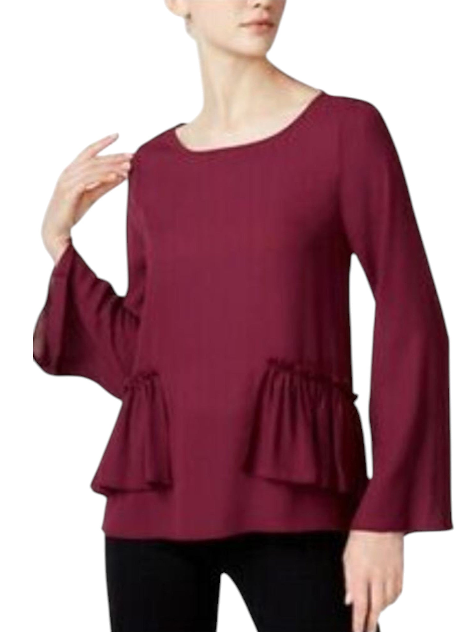 Women's Ruffed Mesh Top,Burgundy