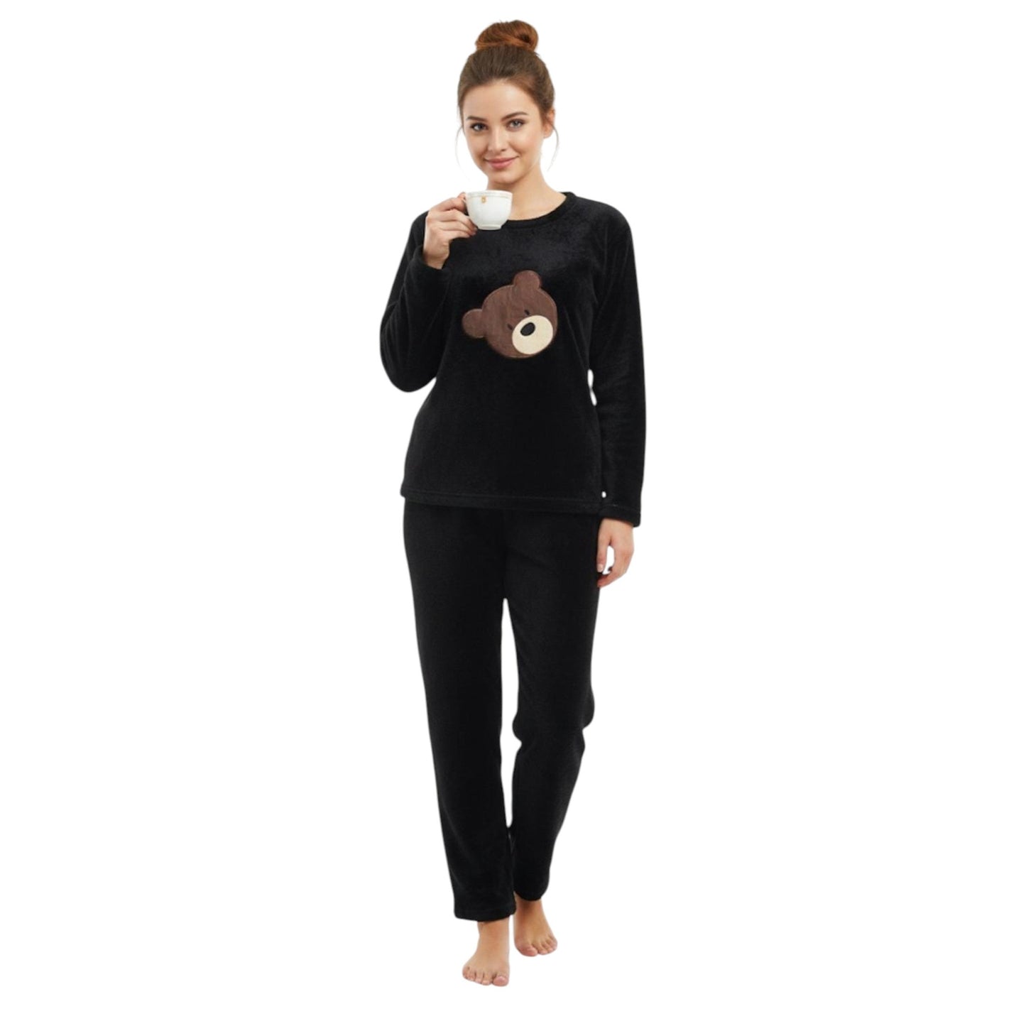 Women's Faux Fur Sleepwear Pajama Set,Black
