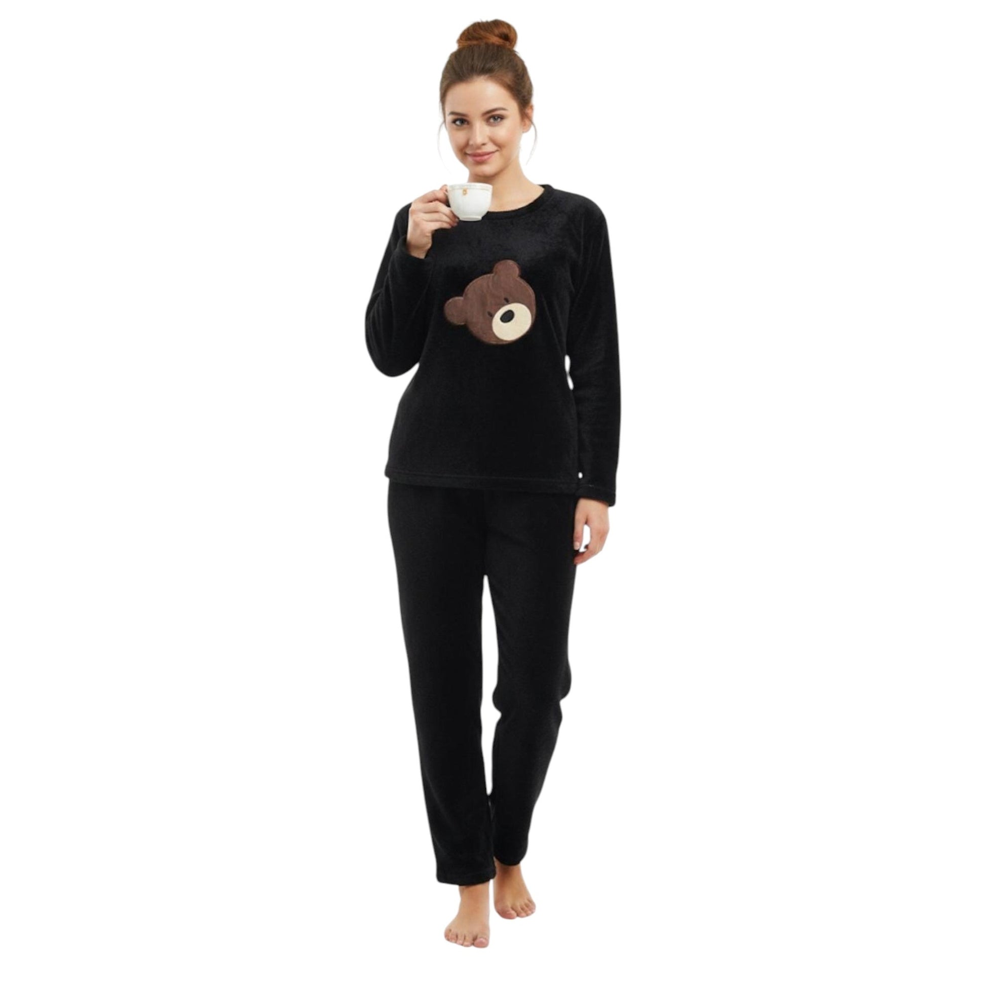 Women's Faux Fur Sleepwear Pajama Set,Black