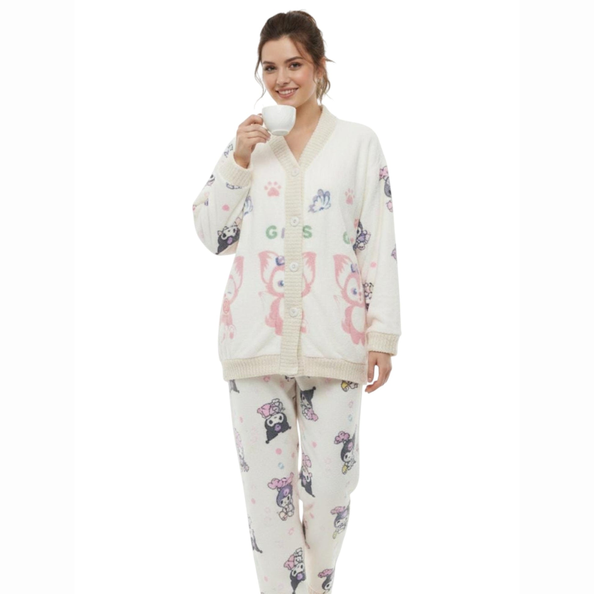 Women's Faux Fur Sleepwear Pajama Set,Off White