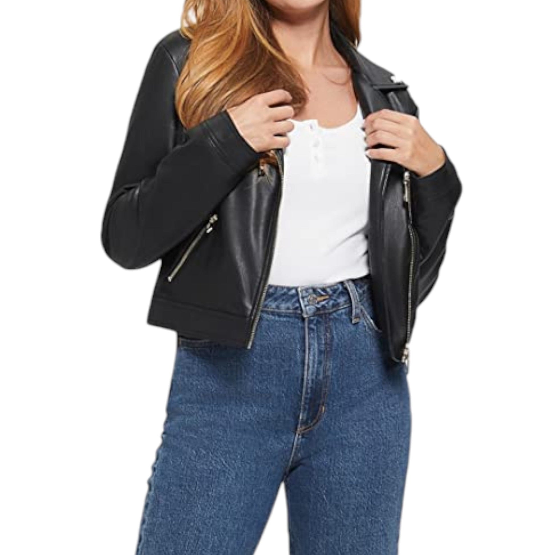 Women's Plain Leather Jacket,Black