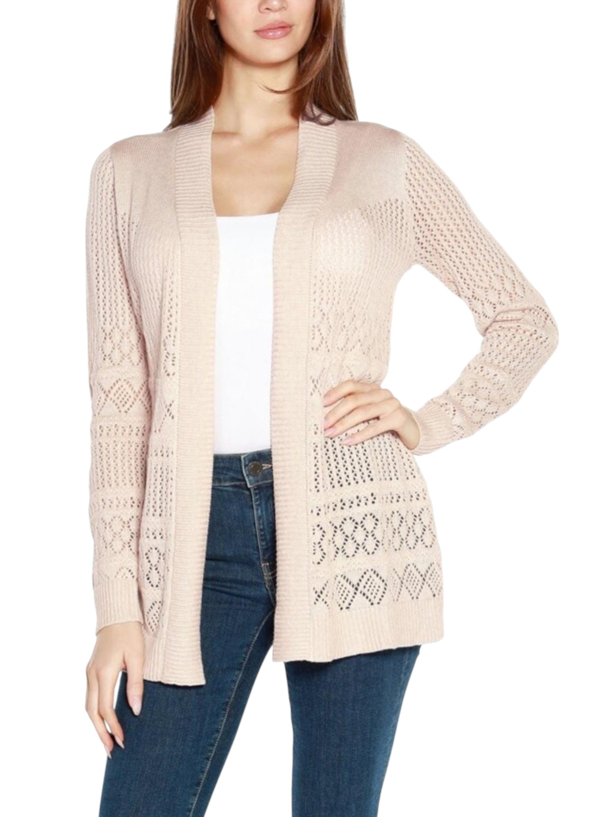 Women's Open Knitted Solid Cardigan,Beige
