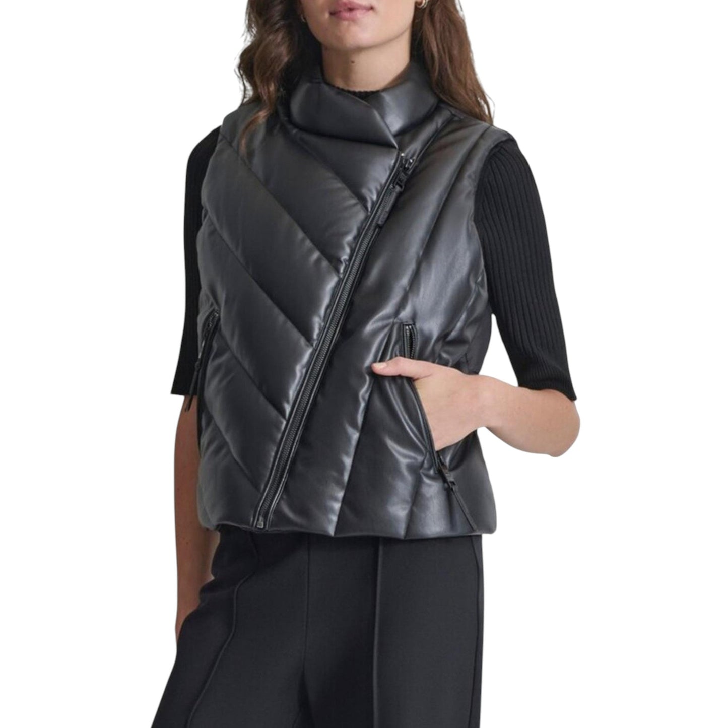 Women's Leather Quilted Vest,Black