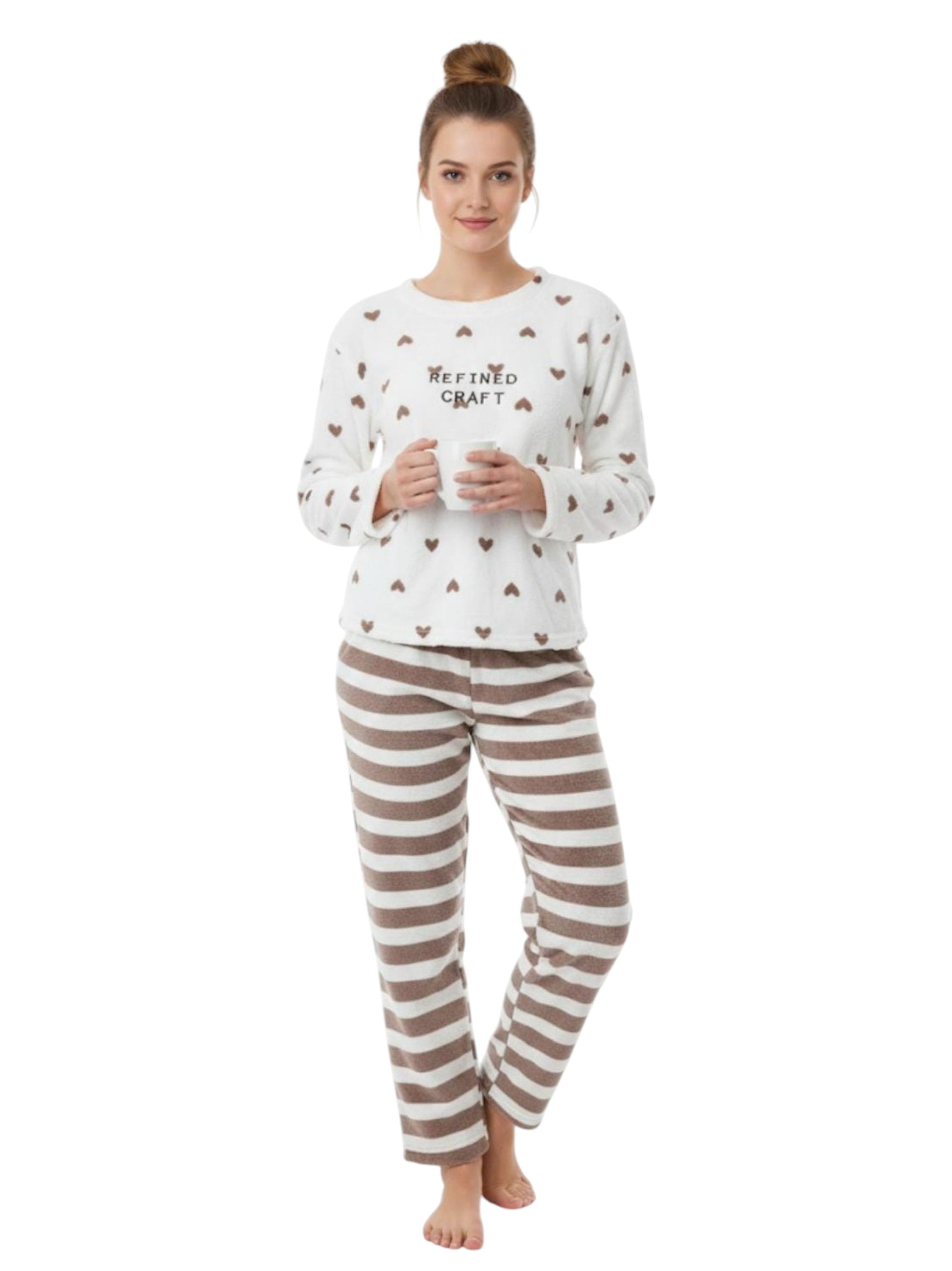 Women's Faux Fur Pajama Set,Brown/White