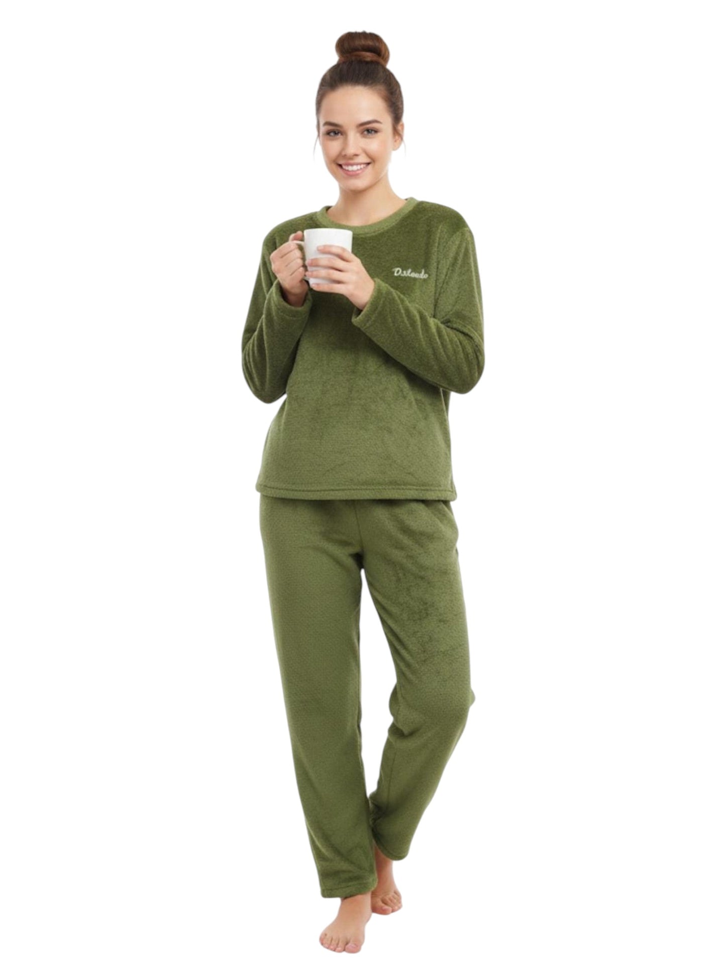 Women's Faux Fur Pajama Set,Olive