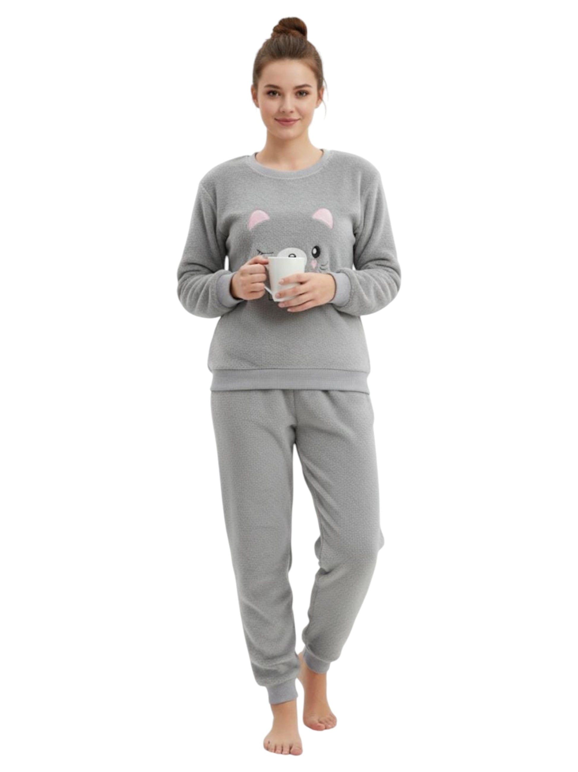 Women's Faux Fur Pajam Set,Grey