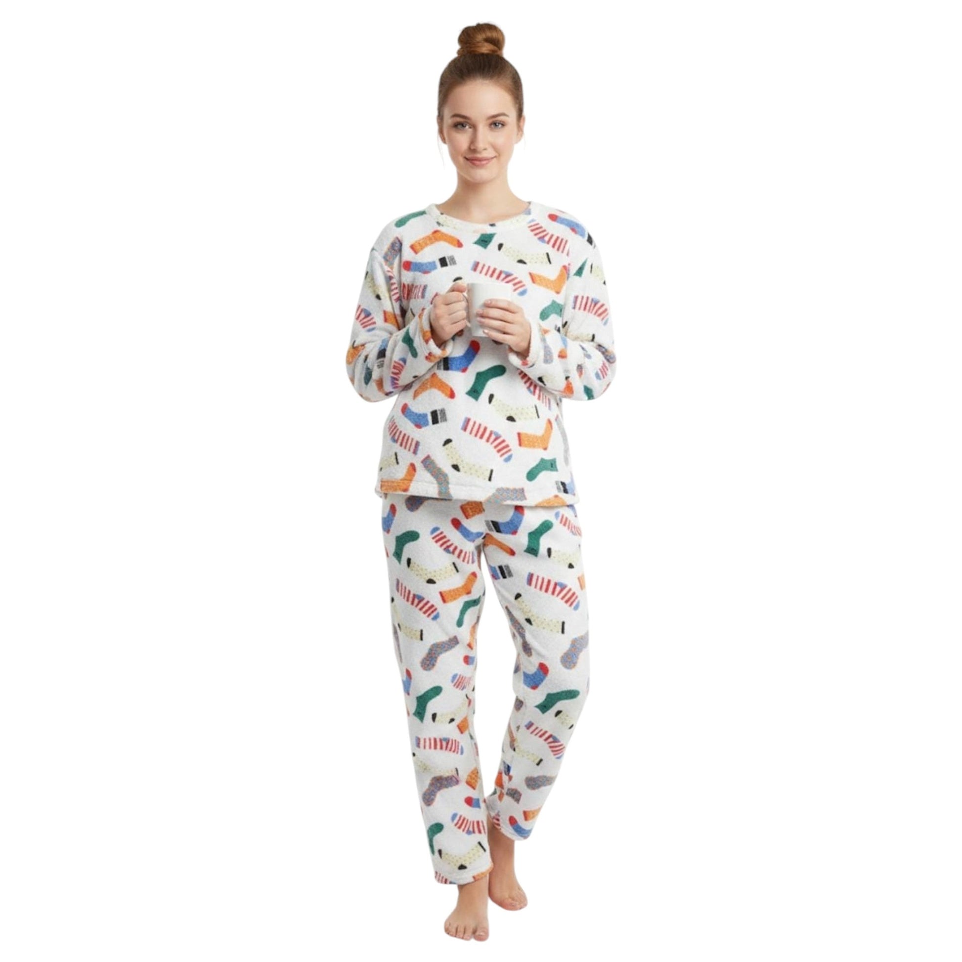 Women's Printed Faux Fur Pajama Set,White