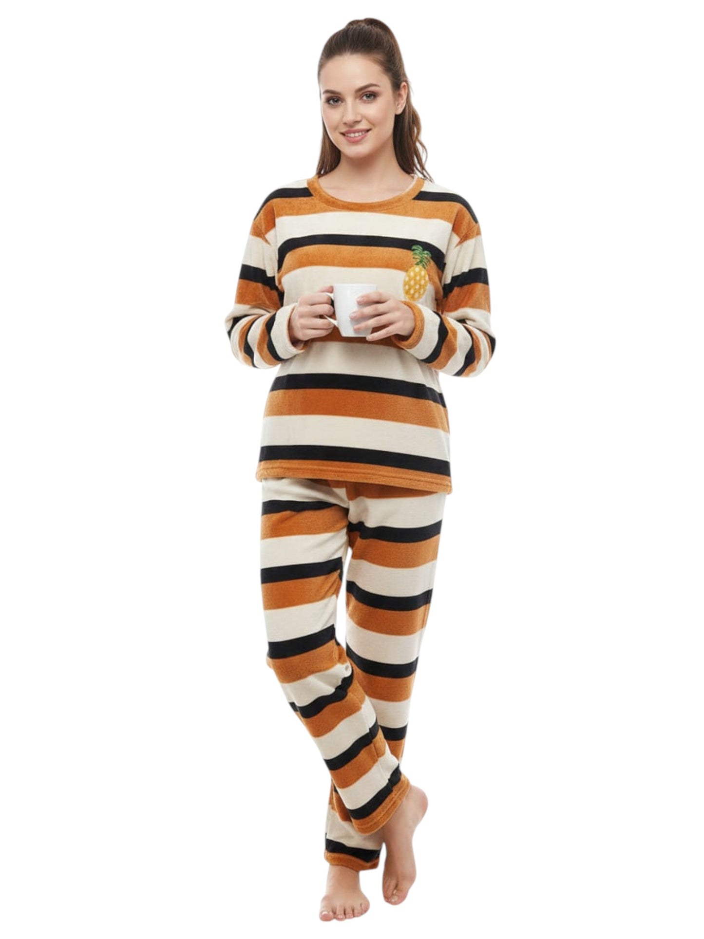 Women's Striped Faux Fur Pajama Set,Multi